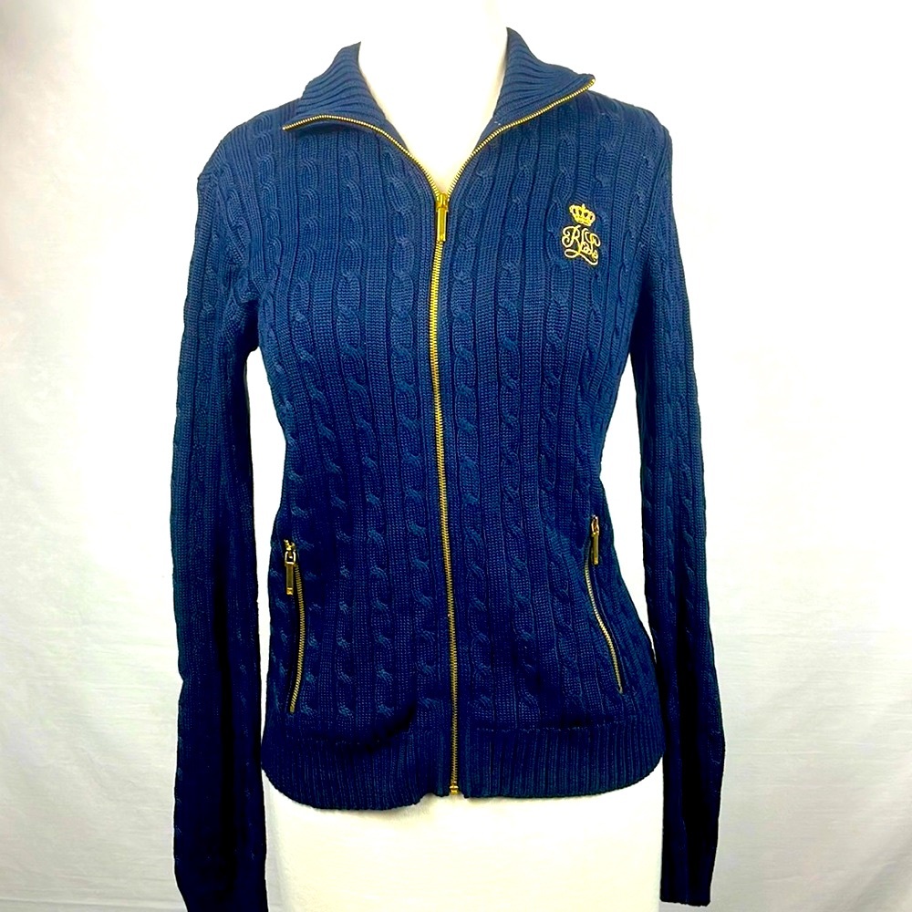 Small petite Lauren Ralph Lauren. navy long sleeve sweater.All gold Accessories